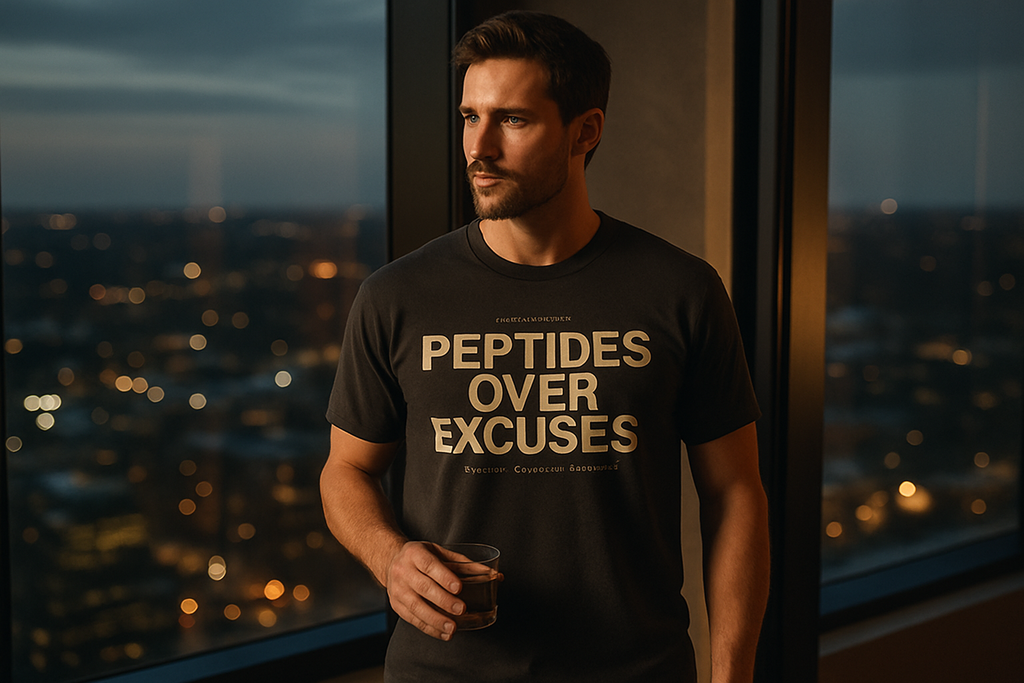 PEPTIDES OVER EXCUSES. — cinematic wide (hoodie fallback)