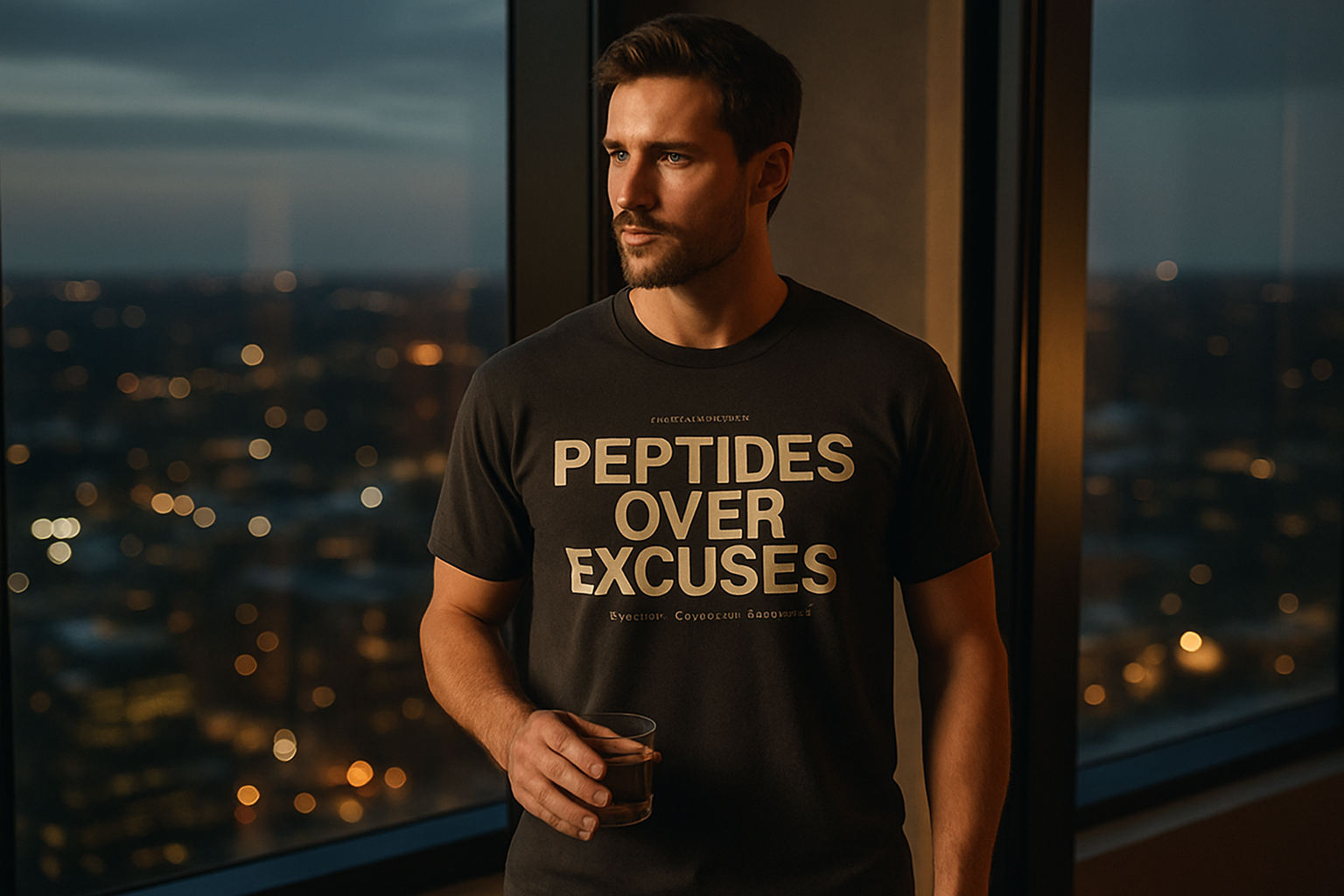PEPTIDES OVER EXCUSES. — cinematic wide (hoodie fallback)