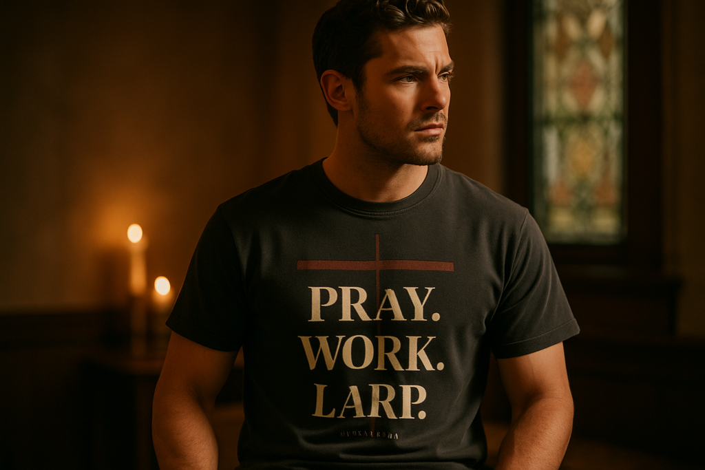 PRAY. WORK. LARP. — cinematic wide (hoodie fallback)